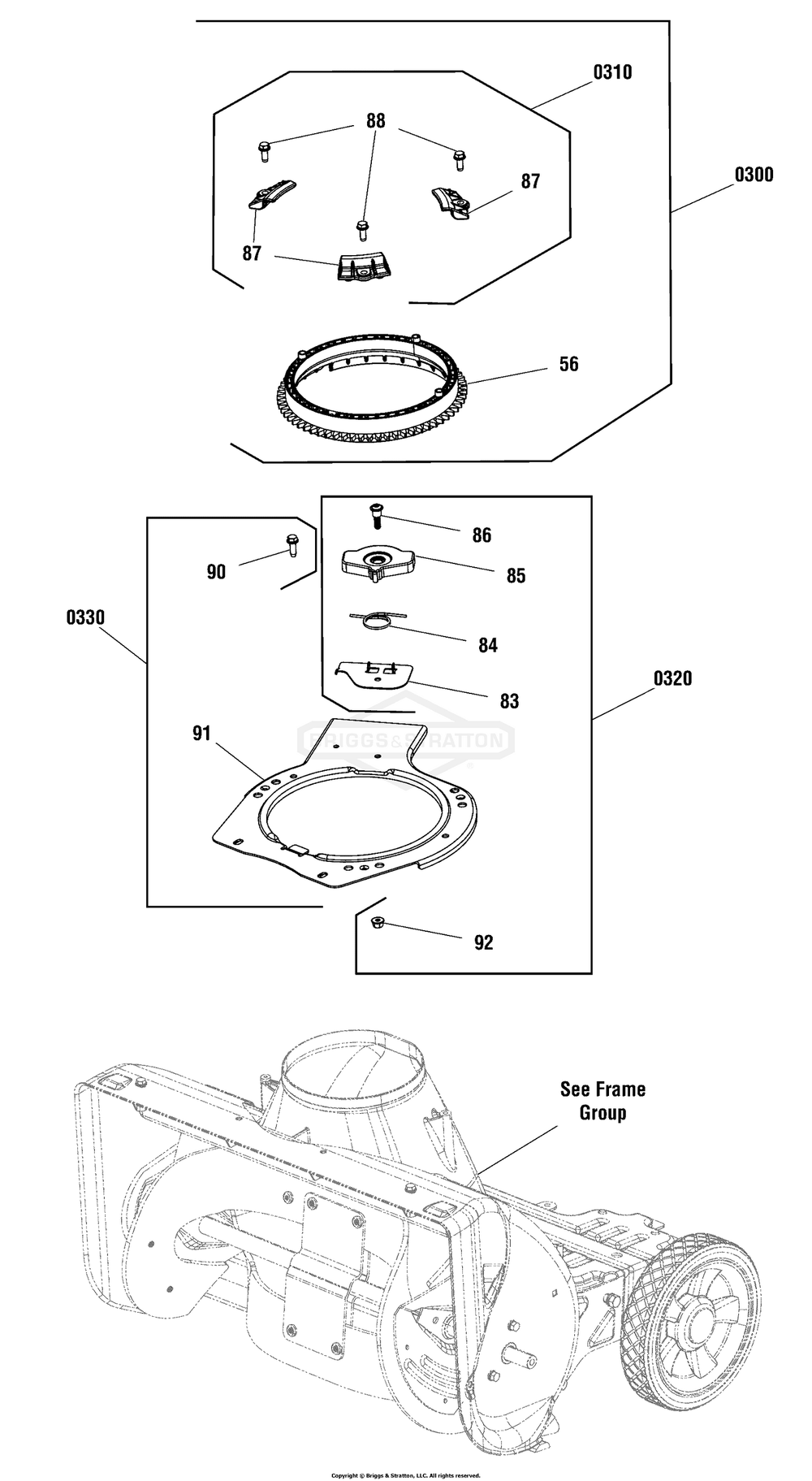 Chute Rotation Group - Manual Diagram and Parts List for 1696851-02  Briggs and Stratton Snow Blower